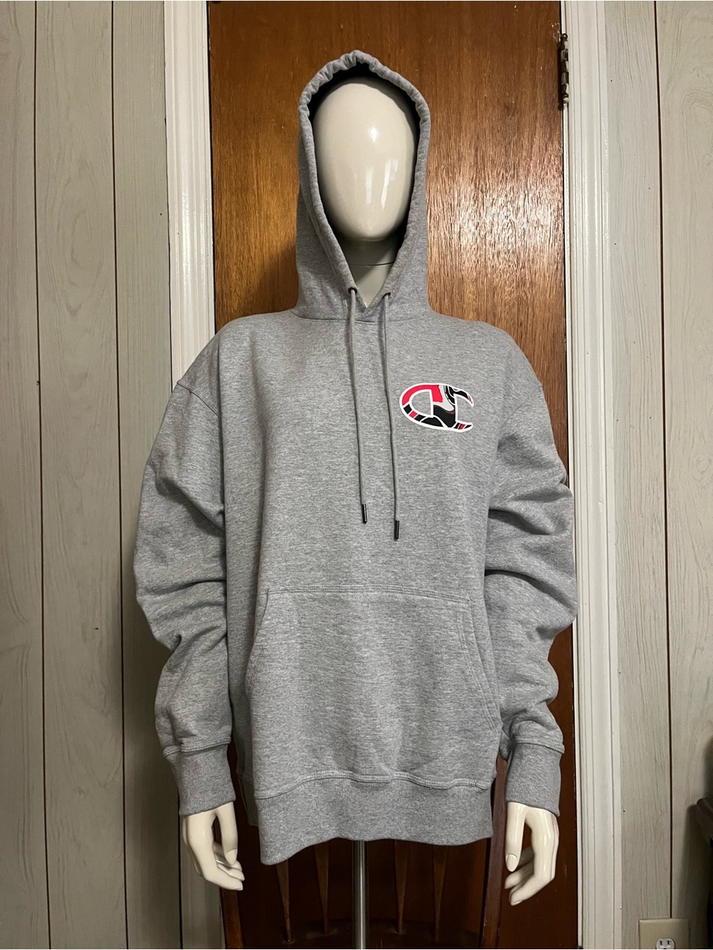 Champion Heather Gray Hoodie with Red & Black Logo